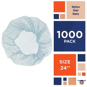 Blue Nylon Hair Nets 24". Pack of 1000 Disposable Head Caps with Elastic Edge Mesh. Stretchable Adult Hairnets for General Use; Cooking; Food Service.